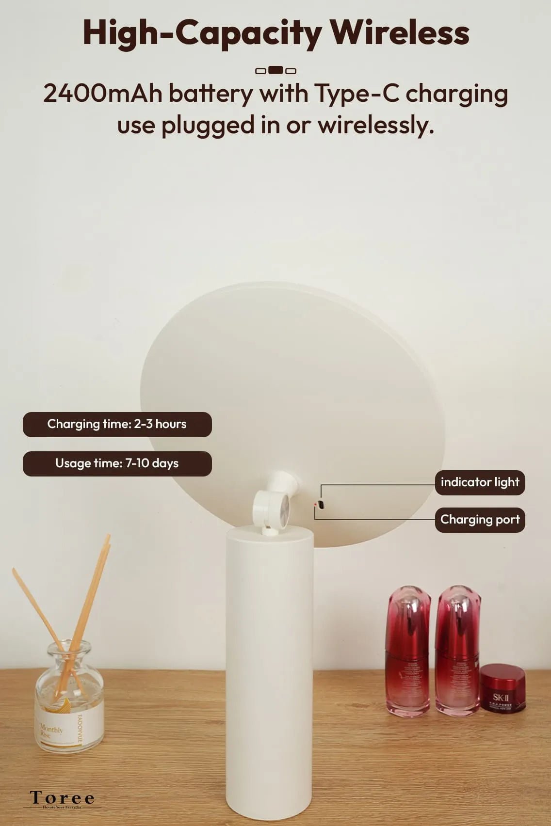 Toree Premium LED Smart Makeup Mirror | 360° Ring Light, Touch Dimming, Adjustable 0–90° Angle, 2400mAh Rechargeable, True Color HD Reflection - Image 11