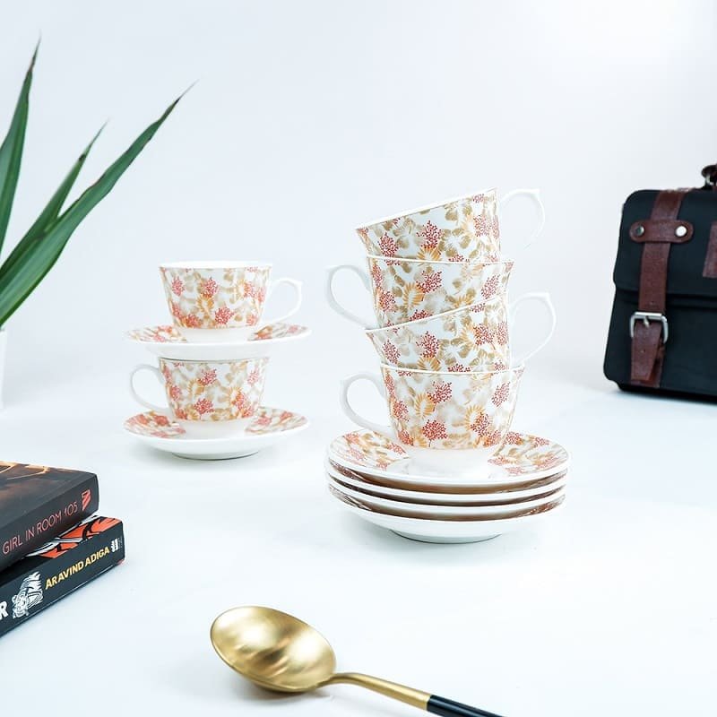 SND Homes Pack of 6 Bone China Cup & Saucer Set of 6 - Carpet Series (White)