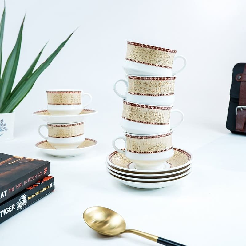 SND Homes Pack of 6 Bone China Cup & Saucer Set of 6 - Carpet Series (White)