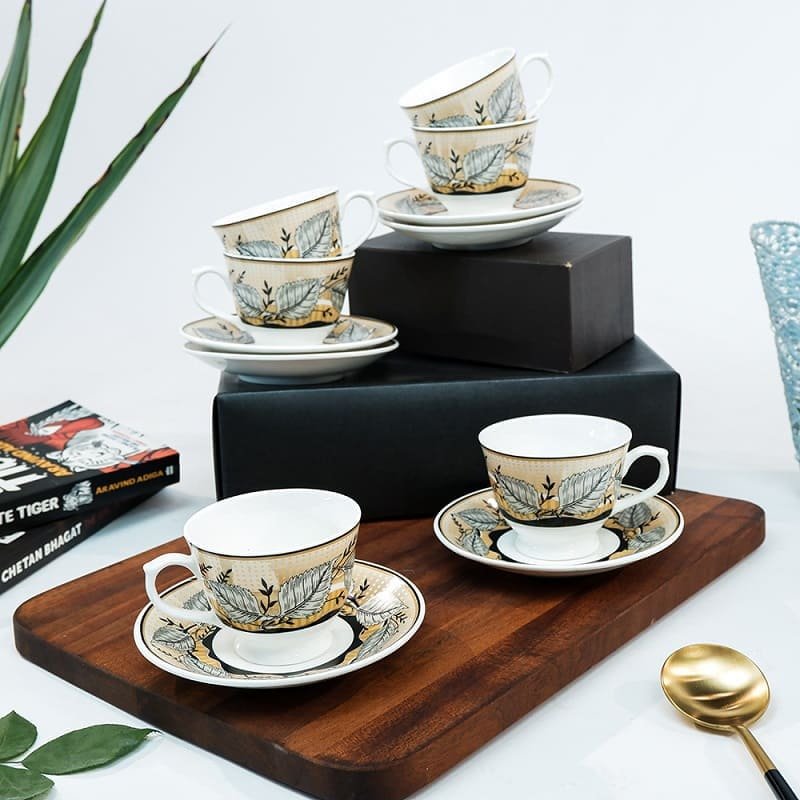 SND Homes Pack of 6 Bone China Cup & Saucer Set of 6 - Carpet Series (White) - Image 2