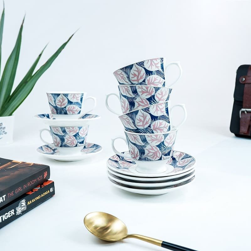 SND Homes Pack of 6 Bone China Cup & Saucer Set of 6 - Carpet Series (White)