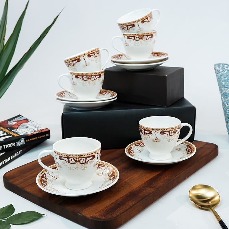 SND Homes Pack of 6 Bone China Cup & Saucer Set of 6 - Carpet Series (White) - Image 2