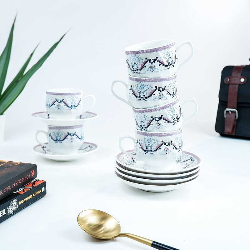 SND Homes Pack of 6 Bone China Cup & Saucer Set of 6 - Carpet Series (White)