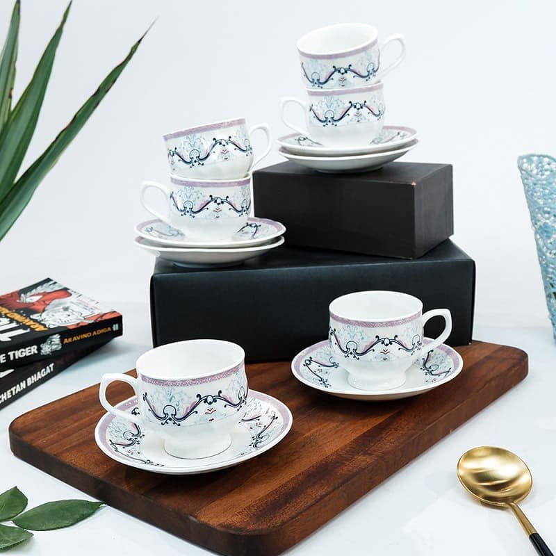 SND Homes Pack of 6 Bone China Cup & Saucer Set of 6 - Carpet Series (White) - Image 2