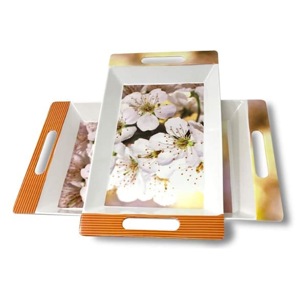 SND Homes Crystal Melamine Serving Roseate Series Tray - Set of 2 (Multicoloured, White, Medium and Large Size) - Image 2