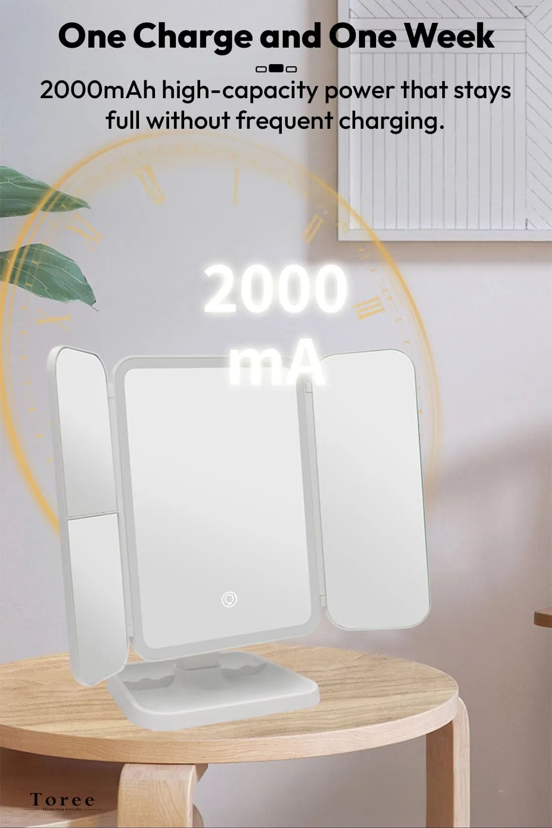 Toree LED Tri-Fold Makeup Mirror with 52 High-CRI Lights | 3-Color Lighting Modes, Stepless Dimming, 2000mAh Rechargeable Battery, 270° Shadow-Free Design, Smart Storage Base - Image 6