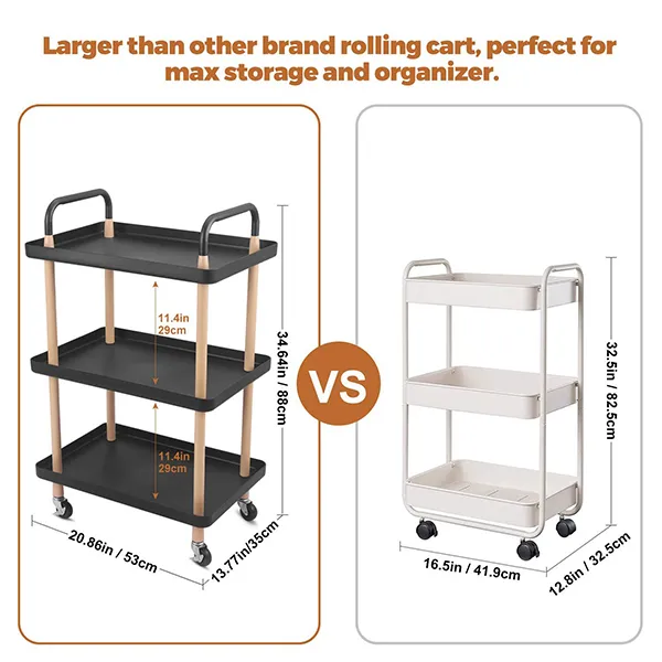 SND Homes 3 Tier Rectangle Rolling Cart Trolley - Black. - Image 5