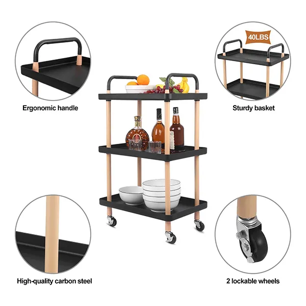 SND Homes 3 Tier Rectangle Rolling Cart Trolley - Black. - Image 4