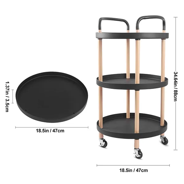 SND Homes 3 Tier Round Rolling Cart Trolley - Black. - Image 2