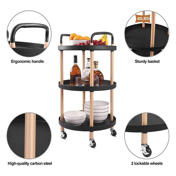 SND Homes 3 Tier Round Rolling Cart Trolley - Black. - Image 6