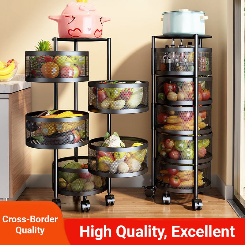 SND Home 5 Layer Round Rotating Fruits & Vegetables Storage Shelves Basket Rolling Rack with Breakable Wheels for Kitchen Bathroom Office (Black) - Image 6