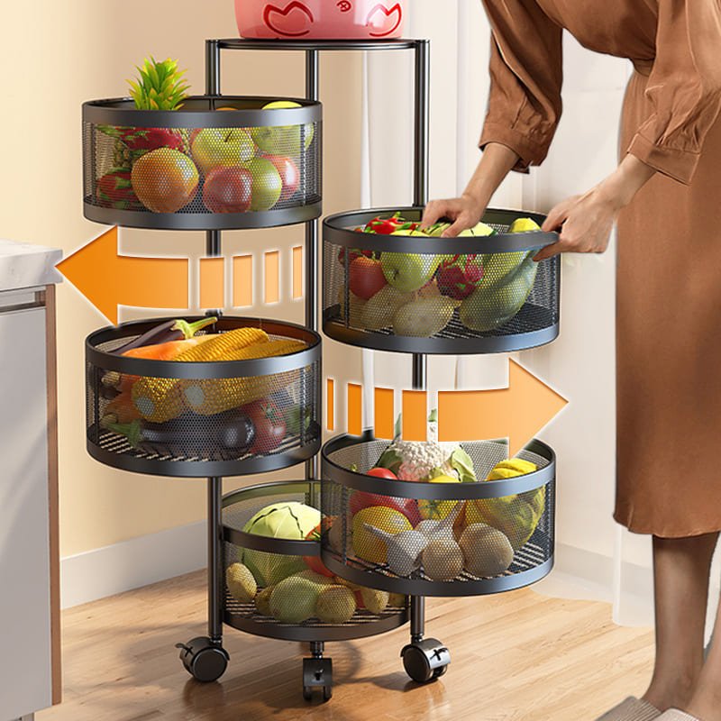 SND Home 5 Layer Round Rotating Fruits & Vegetables Storage Shelves Basket Rolling Rack with Breakable Wheels for Kitchen Bathroom Office (Black) - Image 7