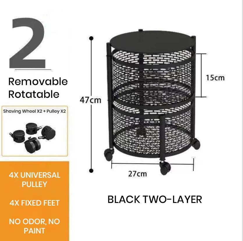 SND Home 5 Layer Round Rotating Fruits & Vegetables Storage Shelves Basket Rolling Rack with Breakable Wheels for Kitchen Bathroom Office (Black) - Image 2
