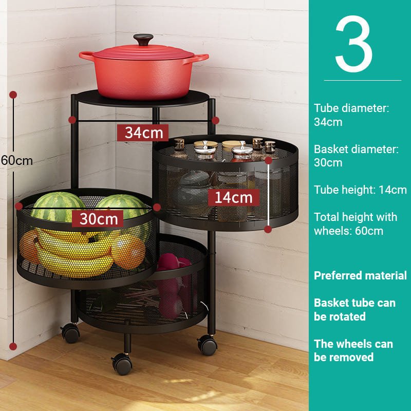SND Home 5 Layer Round Rotating Fruits & Vegetables Storage Shelves Basket Rolling Rack with Breakable Wheels for Kitchen Bathroom Office (Black) - Image 3
