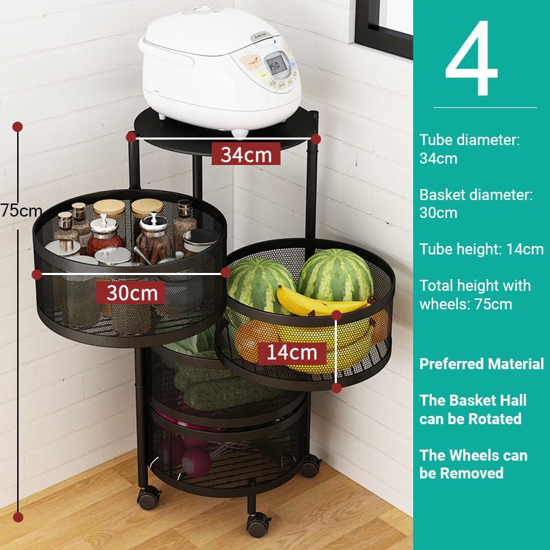 SND Home 5 Layer Round Rotating Fruits & Vegetables Storage Shelves Basket Rolling Rack with Breakable Wheels for Kitchen Bathroom Office (Black) - Image 4