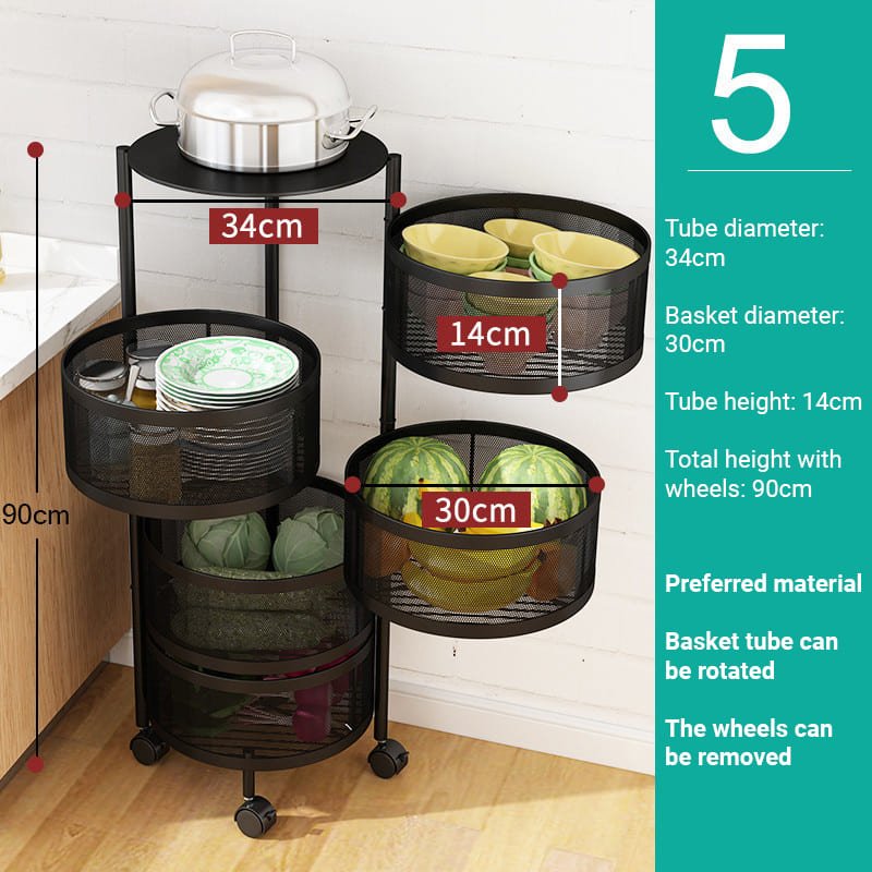 SND Home 5 Layer Round Rotating Fruits & Vegetables Storage Shelves Basket Rolling Rack with Breakable Wheels for Kitchen Bathroom Office (Black) - Image 5
