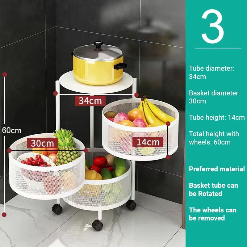 SND Home 5 Layer Round Rotating Fruits & Vegetables Storage Shelves Basket Rolling Rack with Breakable Wheels for Kitchen Bathroom Office (White) - Image 3