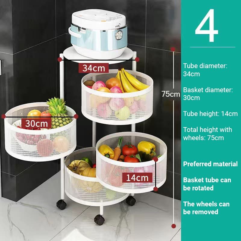 SND Home 5 Layer Round Rotating Fruits & Vegetables Storage Shelves Basket Rolling Rack with Breakable Wheels for Kitchen Bathroom Office (White) - Image 4
