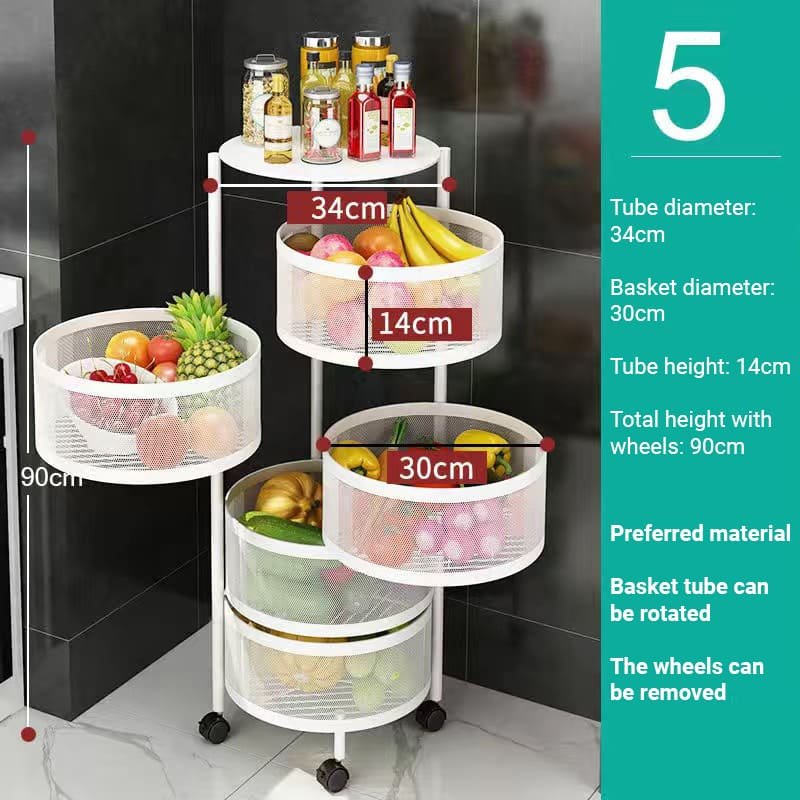 SND Home 5 Layer Round Rotating Fruits & Vegetables Storage Shelves Basket Rolling Rack with Breakable Wheels for Kitchen Bathroom Office (White) - Image 5