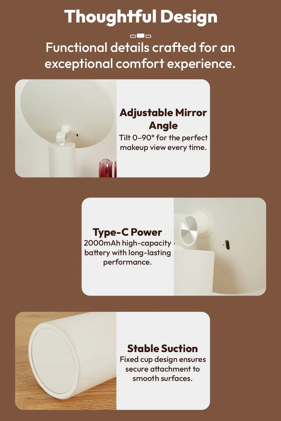 Toree Premium LED Smart Makeup Mirror | 360° Ring Light, Touch Dimming, Adjustable 0–90° Angle, 2400mAh Rechargeable, True Color HD Reflection - Image 6