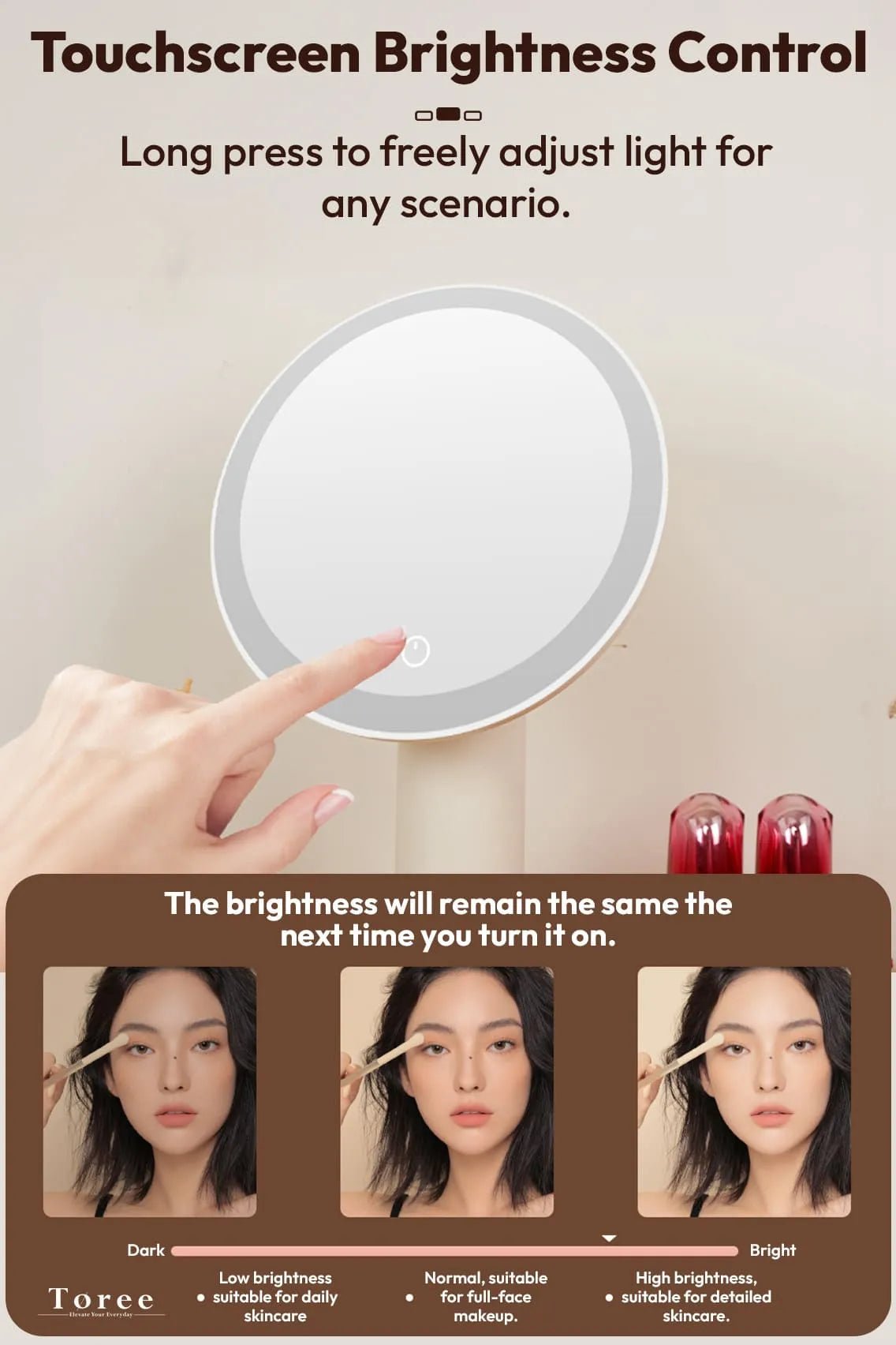 Toree Premium LED Smart Makeup Mirror | 360° Ring Light, Touch Dimming, Adjustable 0–90° Angle, 2400mAh Rechargeable, True Color HD Reflection - Image 7