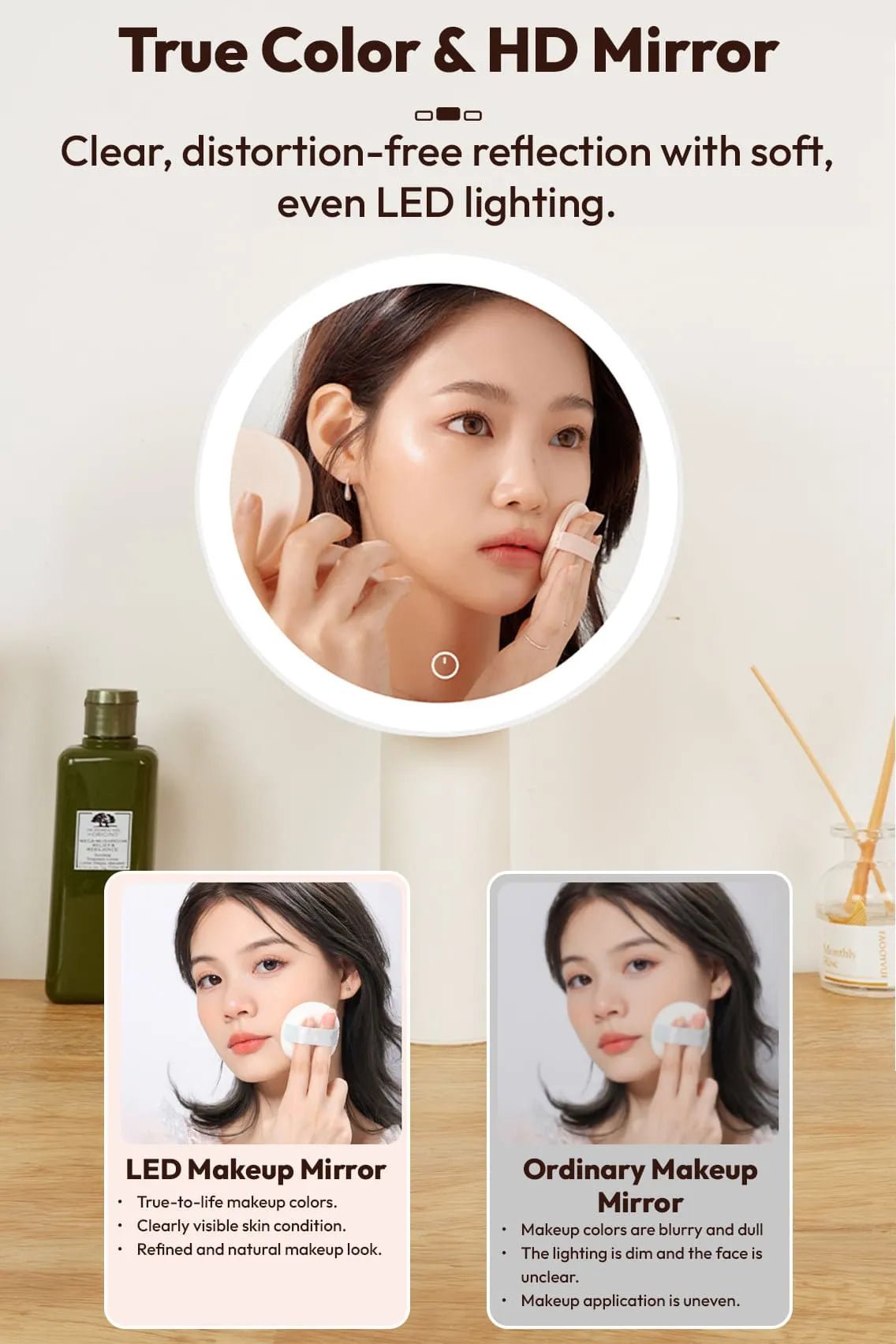 Toree Premium LED Smart Makeup Mirror | 360° Ring Light, Touch Dimming, Adjustable 0–90° Angle, 2400mAh Rechargeable, True Color HD Reflection - Image 3
