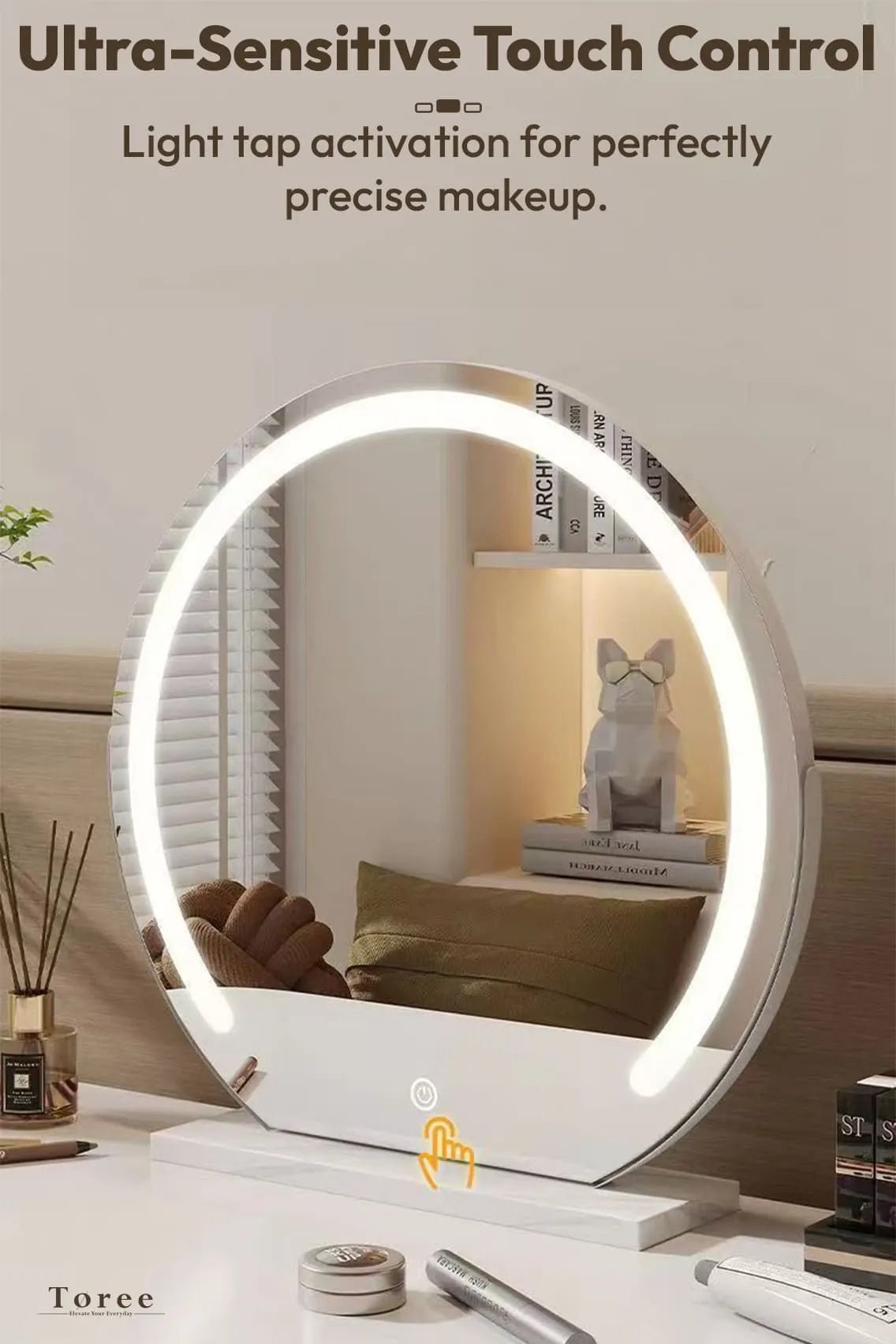 Toree HD LED Round Makeup Mirror with Touch Control, 3 Light Modes, Adjustable Brightness, Explosion-Proof Glass, 45cm Vanity Mirror - Image 2