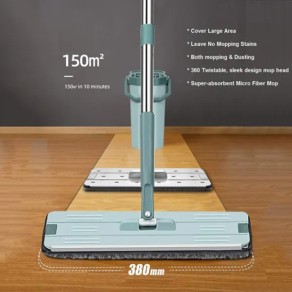 SND Homes Upgraded Hands-Free Squeeze Microfiber Flat Spin Mop System 360° Flexible Head 38X12.5 cm with 2+2Free - Green - Image 5