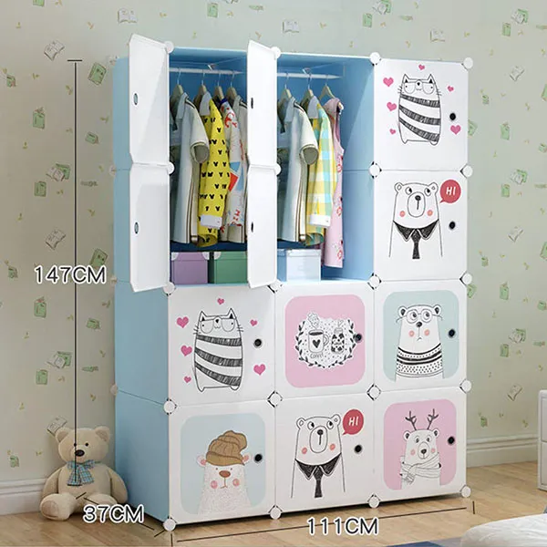 SND Homes Portable Storage Cubes-14 x14 Cube (12 Cubes)-More Stable (add Metal Panel) Cube Shelves with Doors Wardrobe for Kids/Babies (Assembly Video: 9560970795) (Multicolor White & Blue) - Image 2