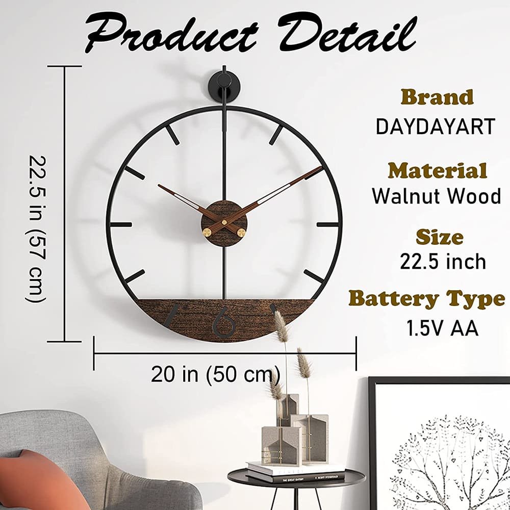 SND Home Décor Modern Wood Walnut Dial Wall Clock, Large Simple Wall Decor Metal Frame Silent Non Ticking Clock for Living Room Decor, Kitchen, Bedroom, Study Decoration, Home Gift Idea, 22.5in - Image 9